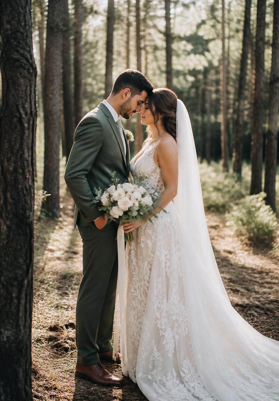 Los novios frente a frente en el bosque